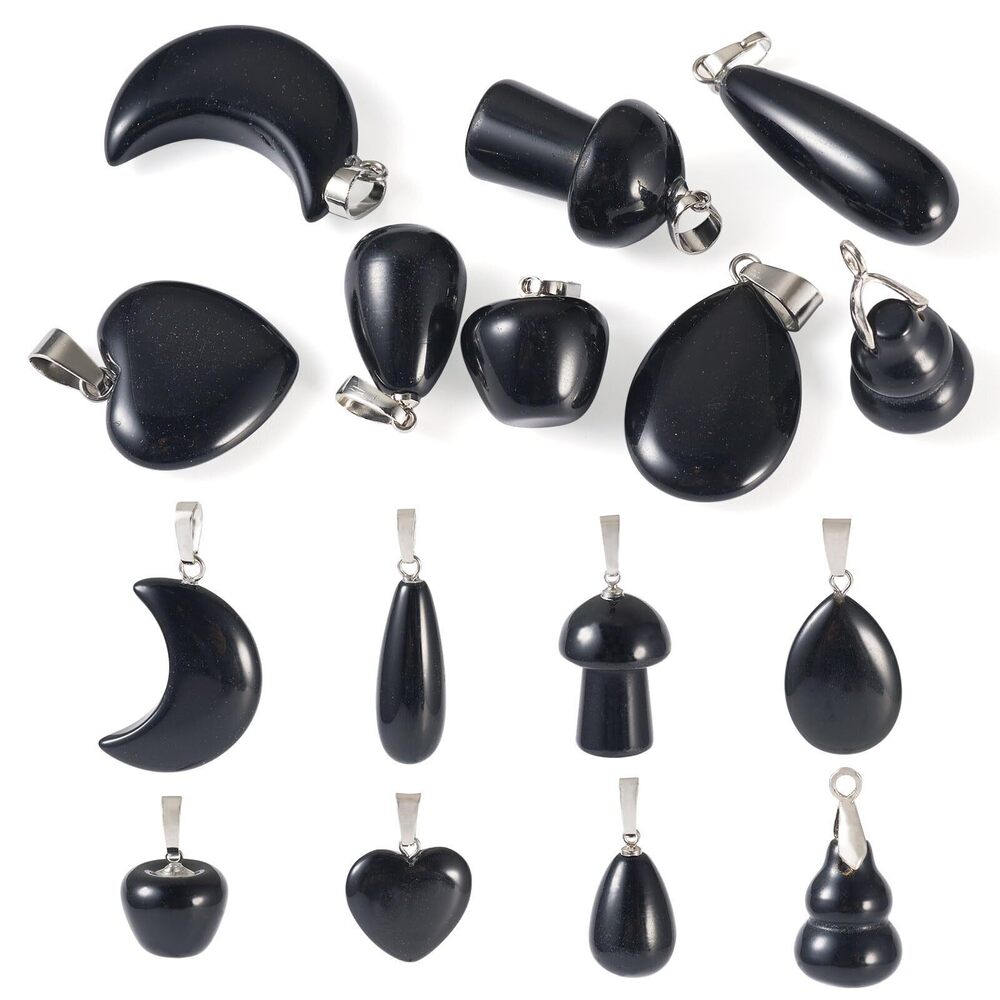 5491 8Pcs Natural Obsidian Charms Pendants Black Healing Crystal Stone